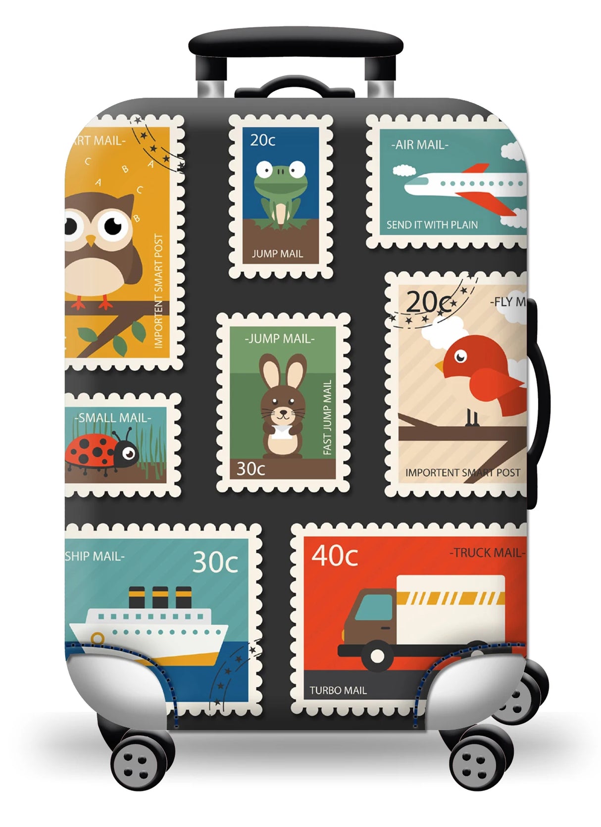 Housse de protection pour valise à roulette cabine ou XL motif timbre