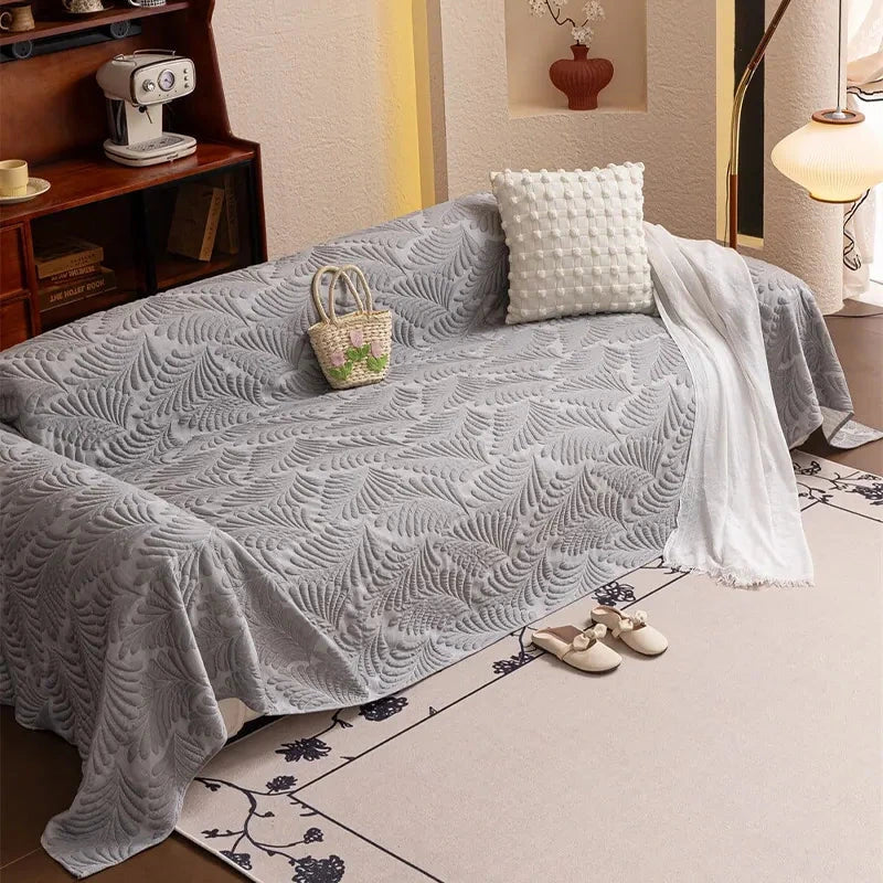 Plaid Jeté de canapé grande taille XXL anti griffures texture feuille d'hibiscus gris