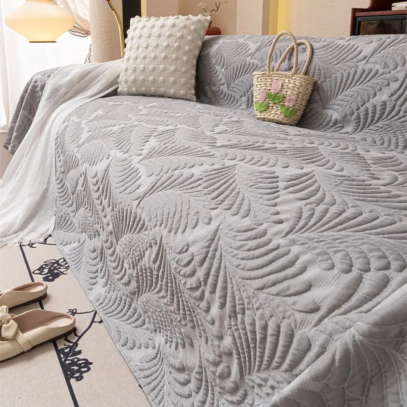 Plaid Jeté de canapé grande taille XXL anti griffures texture feuille d'hibiscus gris