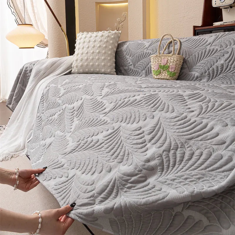 Plaid Jeté de canapé grande taille XXL anti griffures texture feuille d'hibiscus gris