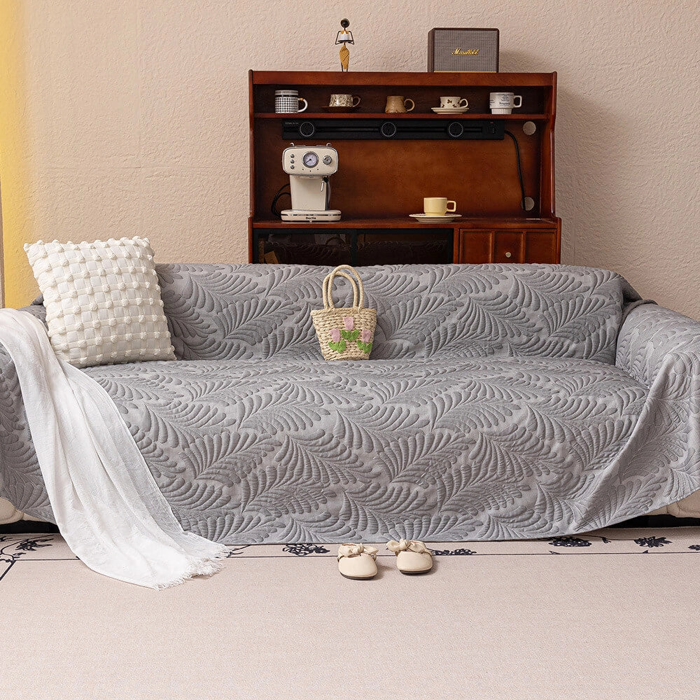 Plaid Jeté de canapé grande taille XXL anti griffures texture feuille d'hibiscus gris