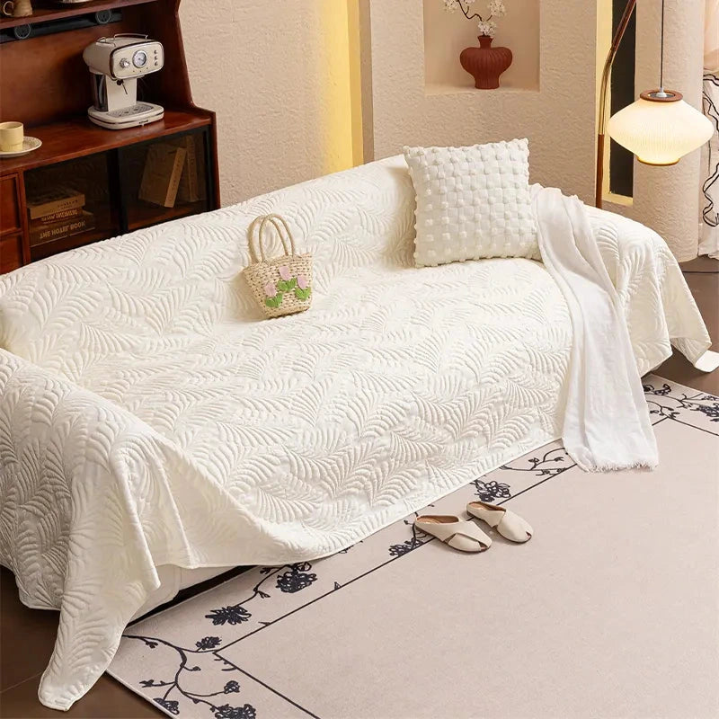 Plaid Jeté de canapé grande taille XXL anti griffures texture feuille d'hibiscus beige