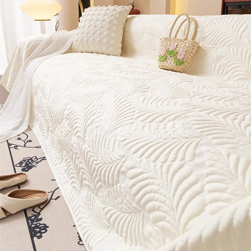 Plaid Jeté de canapé grande taille XXL anti griffures texture feuille d'hibiscus beige