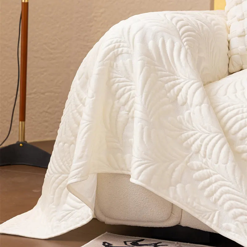 Plaid Jeté de canapé grande taille XXL anti griffures texture feuille d'hibiscus beige