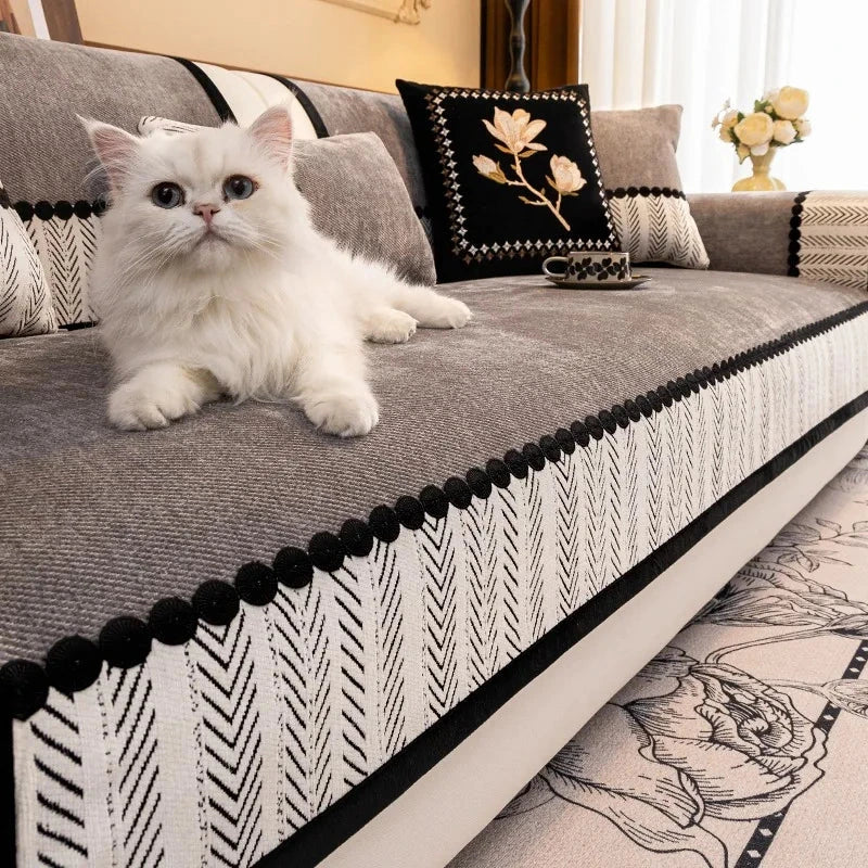 Housse de canapé antidérapante anti griffes de chat chevrons gris