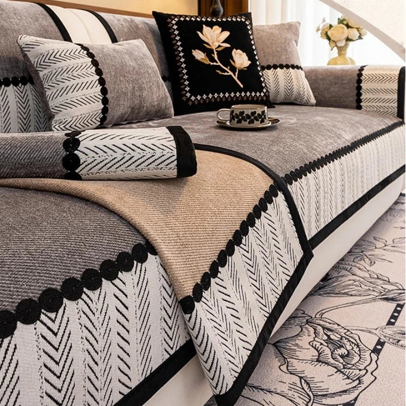Housse de canapé antidérapante anti griffes chevrons gris