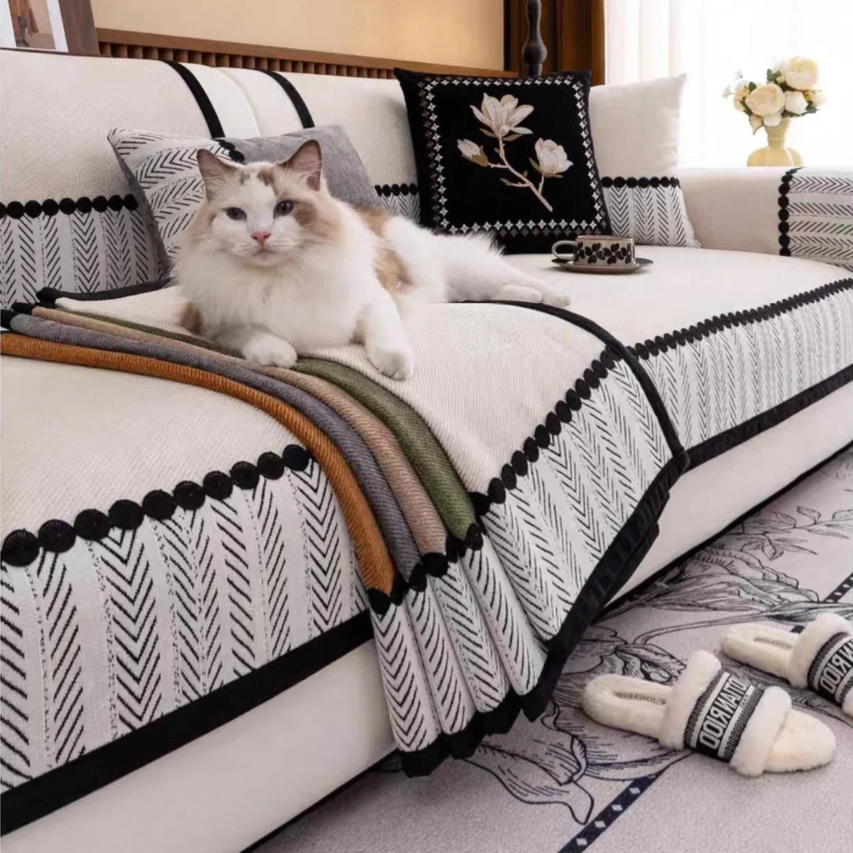 Housse de canapé antidérapante anti griffes chevrons ivoire