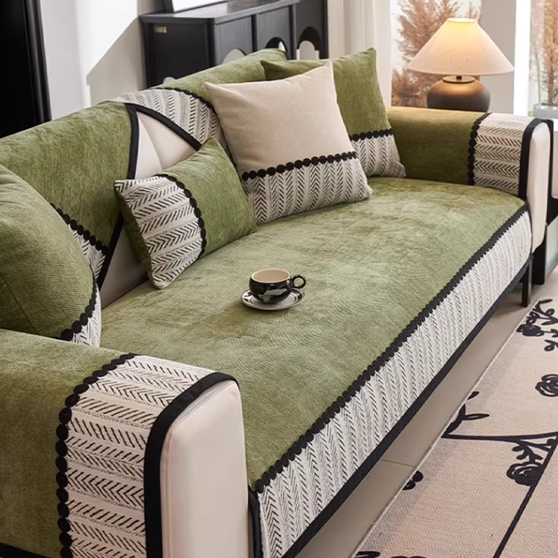 Housse de canapé antidérapante anti griffes chevrons vert