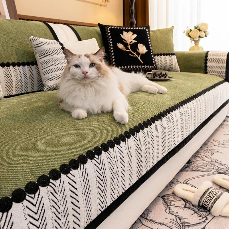 Housse de canapé antidérapante anti griffes de chat chevrons vert