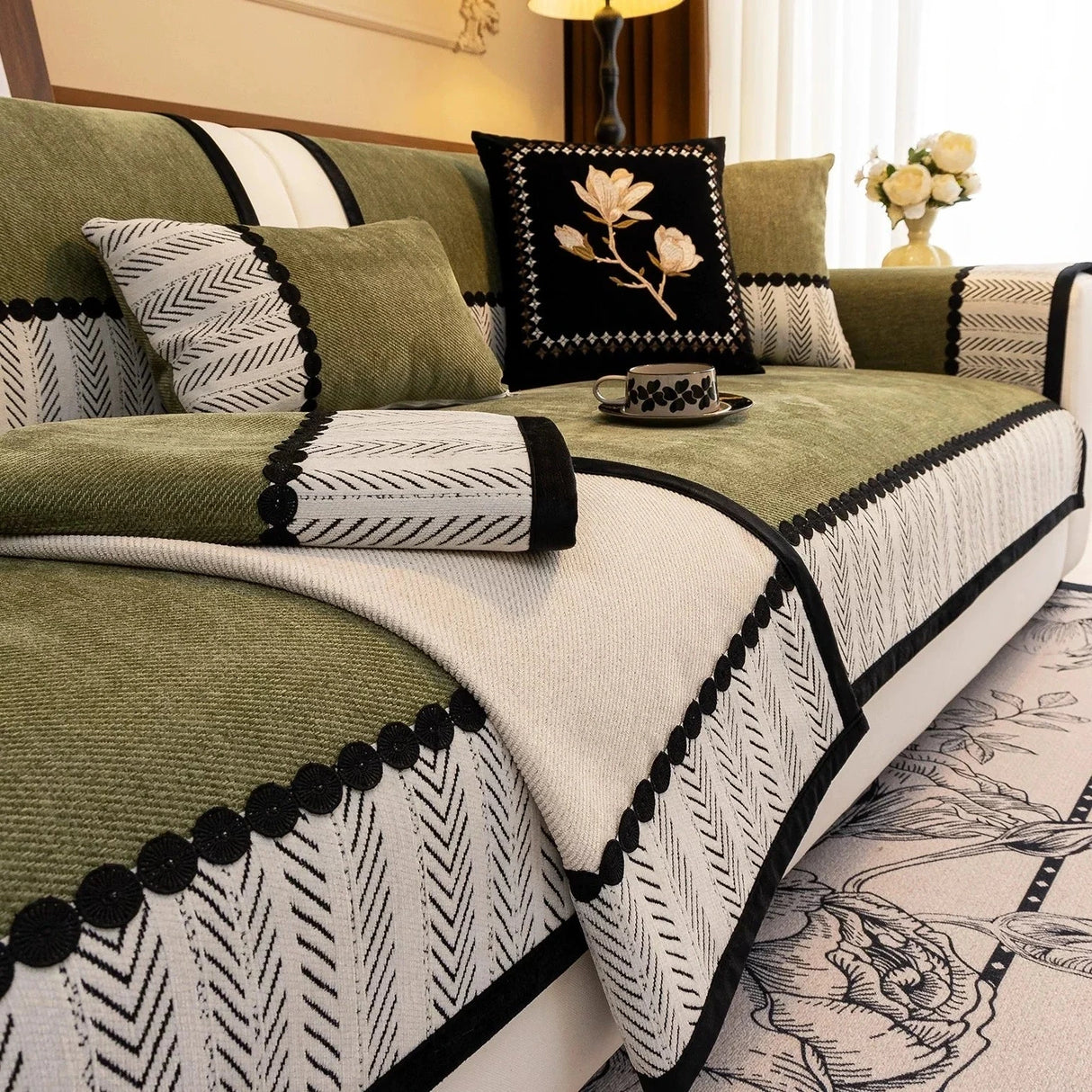 Housse de canapé antidérapante anti griffes chevrons vert