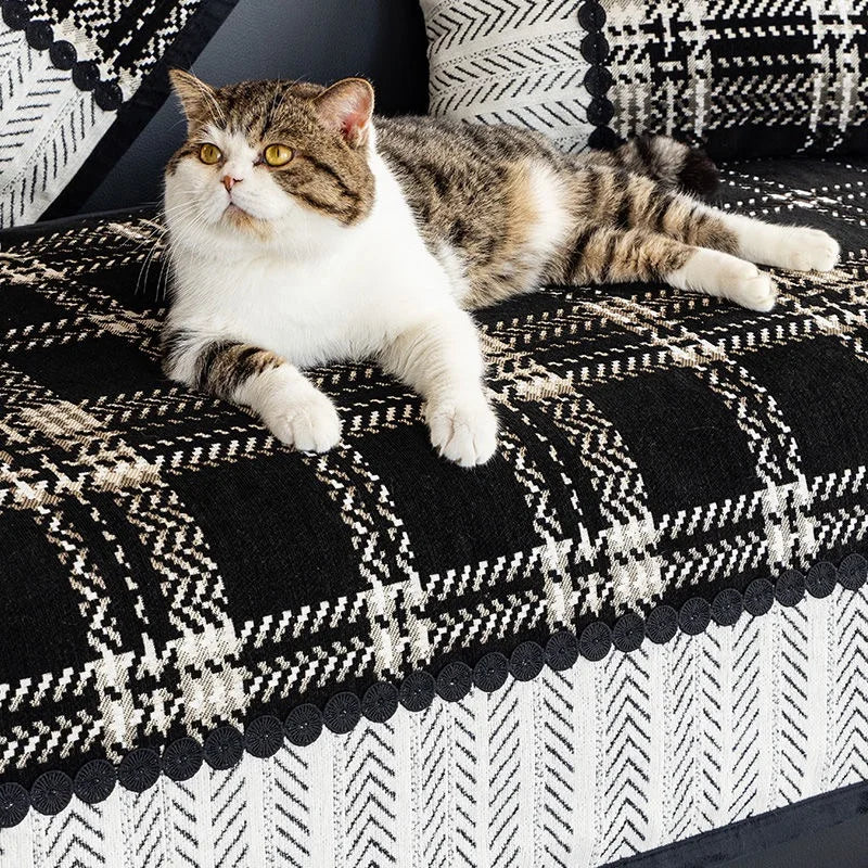 Housse de canapé antidérapante et anti griffes de chat carreaux écossais noir