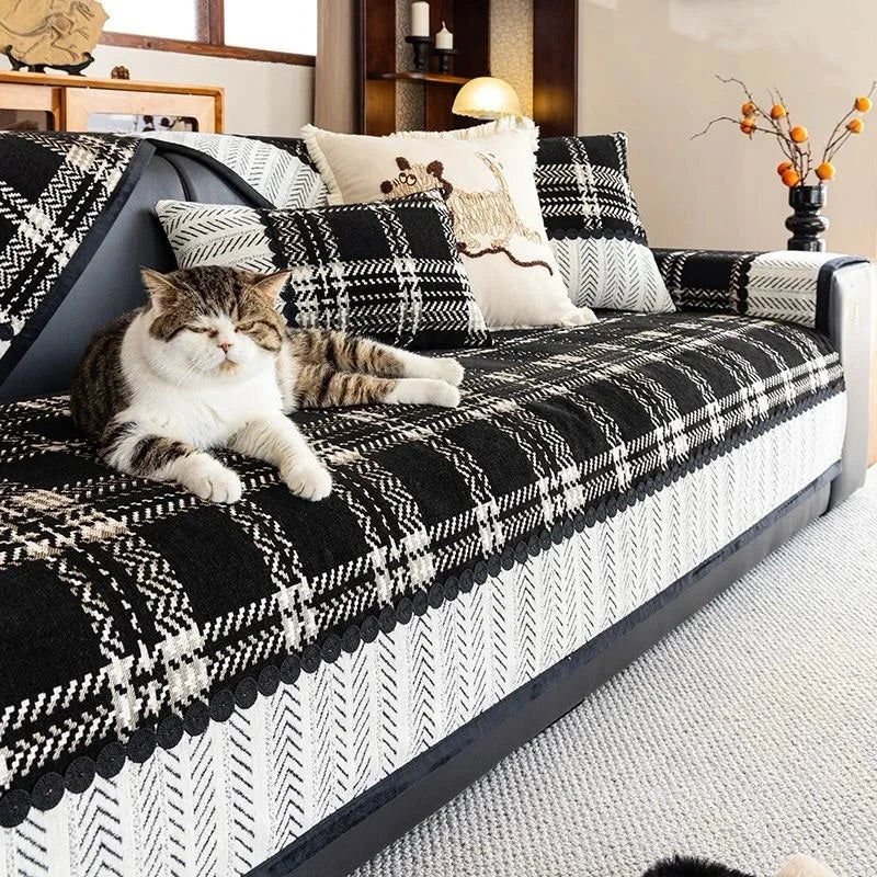 Housse de canapé antidérapante et anti griffes motif carreaux écossais