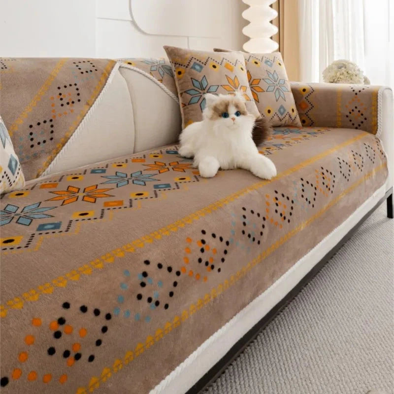 Housse de canapé antidérapantes et anti griffes épaisse velours bohème café