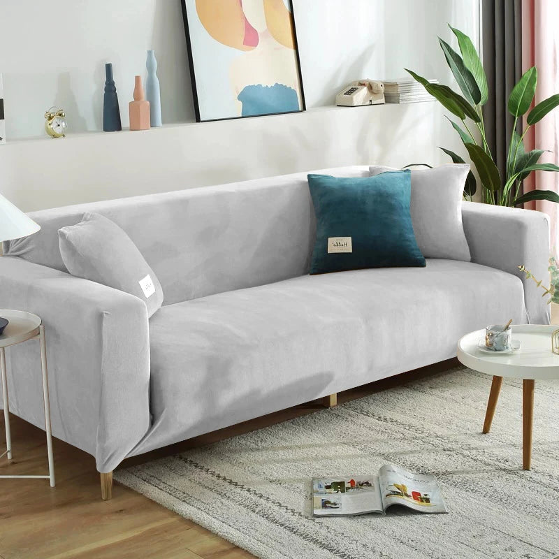 Housse de canapé extensible velours doux et chaleureux argent