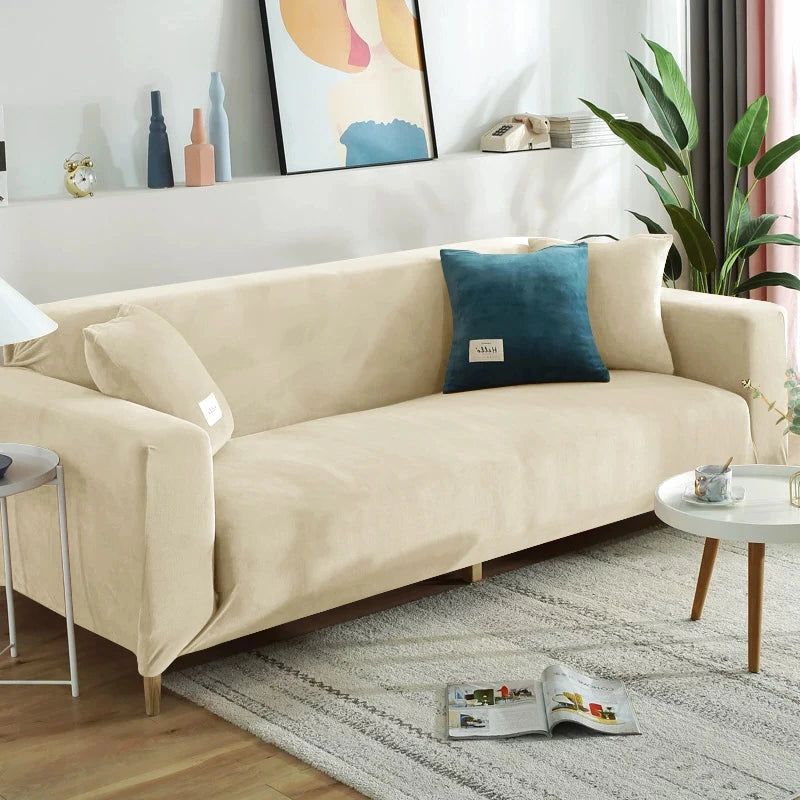 Housse de canapé extensible velours doux et chaleureux beige
