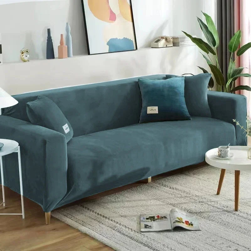 Housse de canapé extensible velours doux et chaleureux bleue anthracite