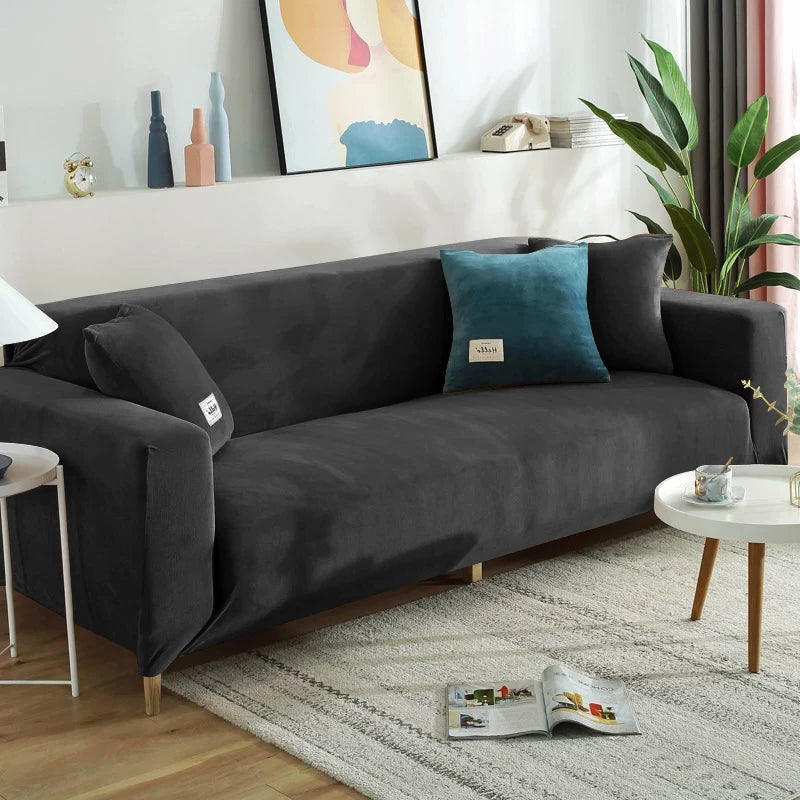 Housse de canapé extensible velours doux et chaleureux noir