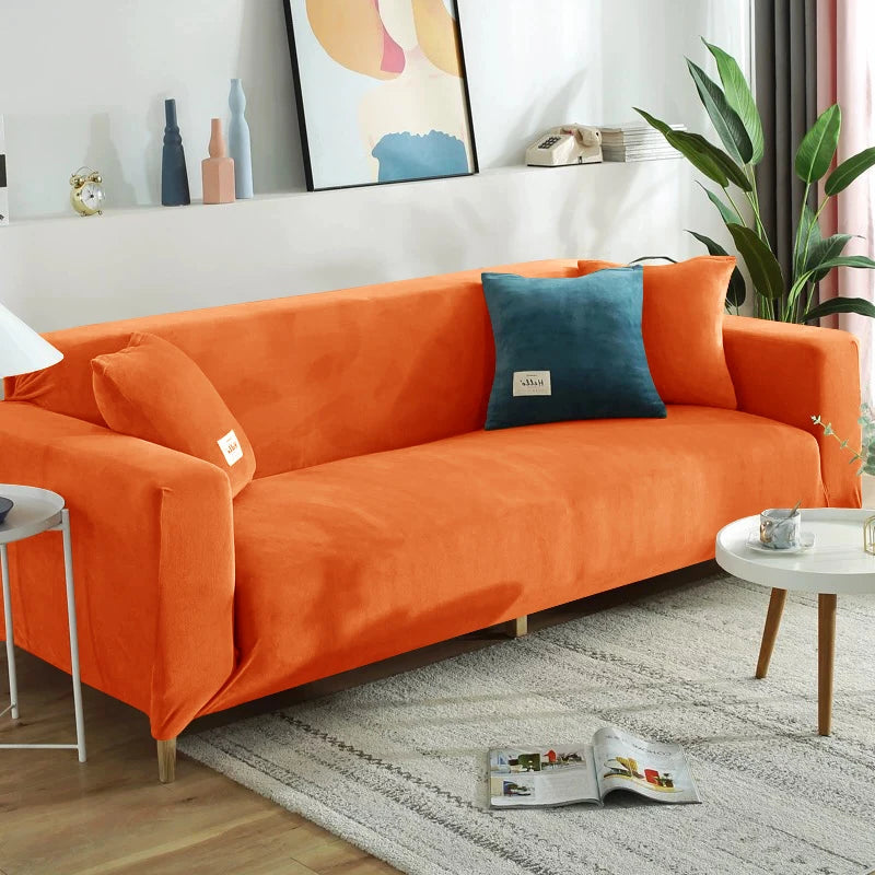 Housse de canapé extensible velours doux et chaleureux orange