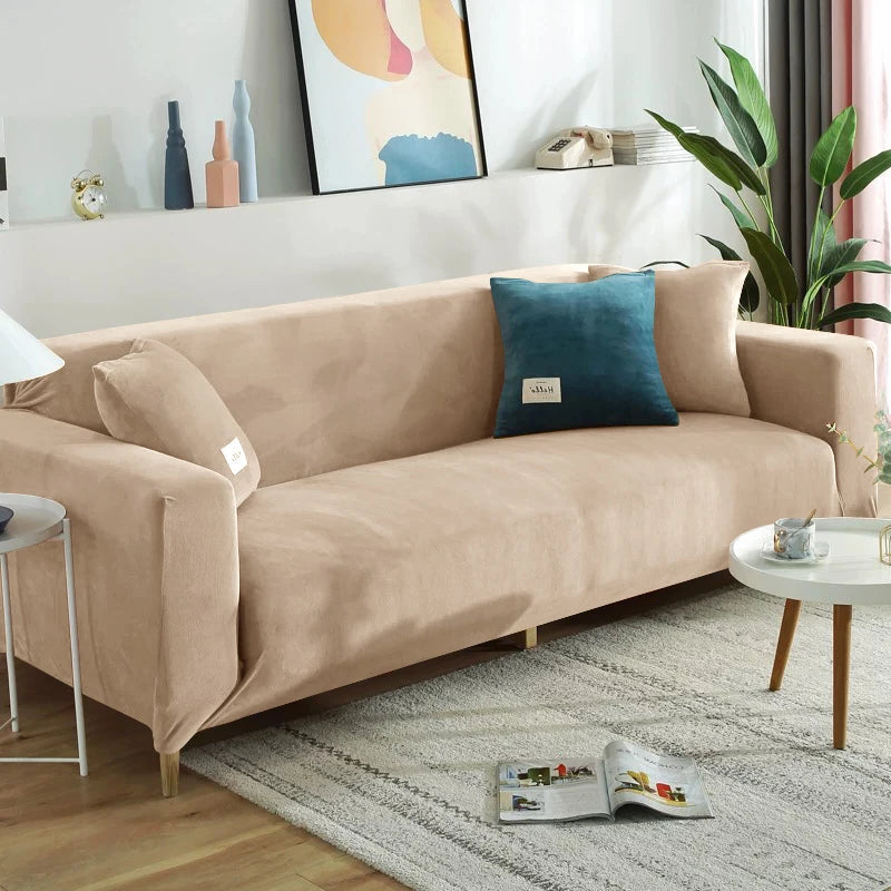 Housse de canapé extensible velours doux et chaleureux taupe