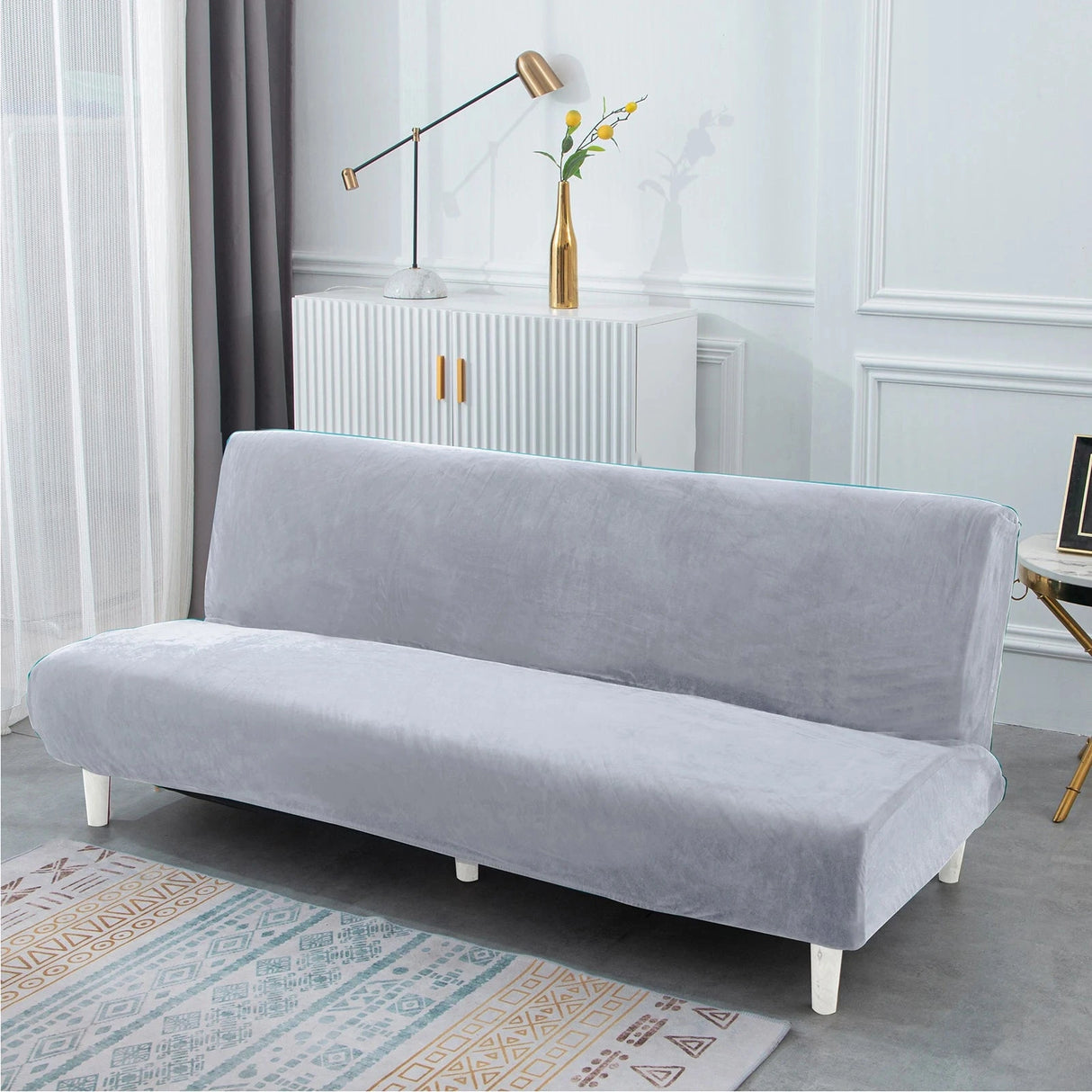 Housse de canapé lit, clic-clac, canapé sans accoudoir pur velours argent