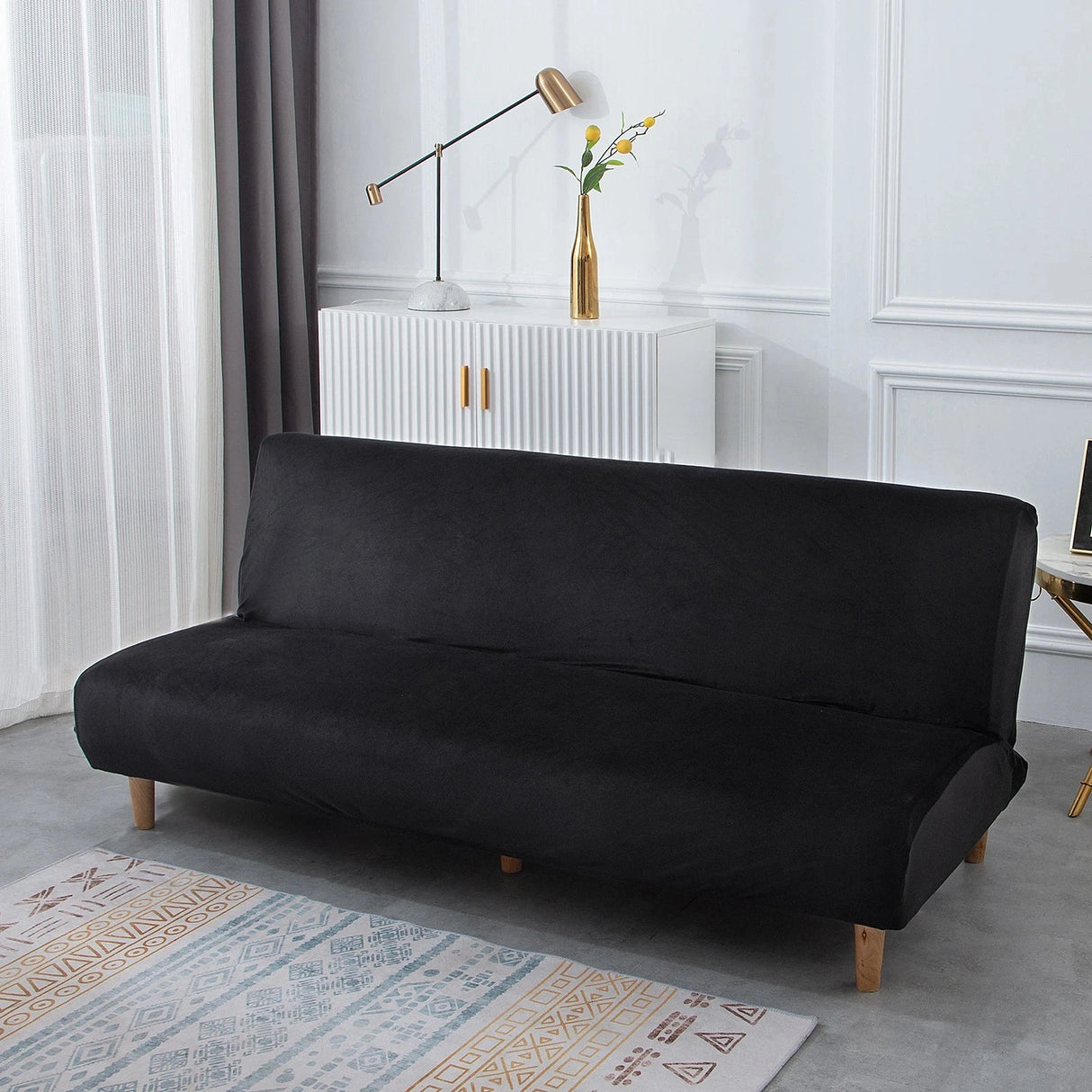Housse de canapé lit, clic-clac, canapé sans accoudoir pur velours noir