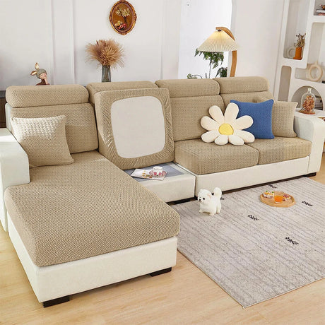 Housse de coussin extensible pour canapé velours damassé café