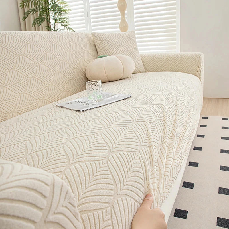 Housse extensible de protection pour canapé texture feuille d'éventail beige