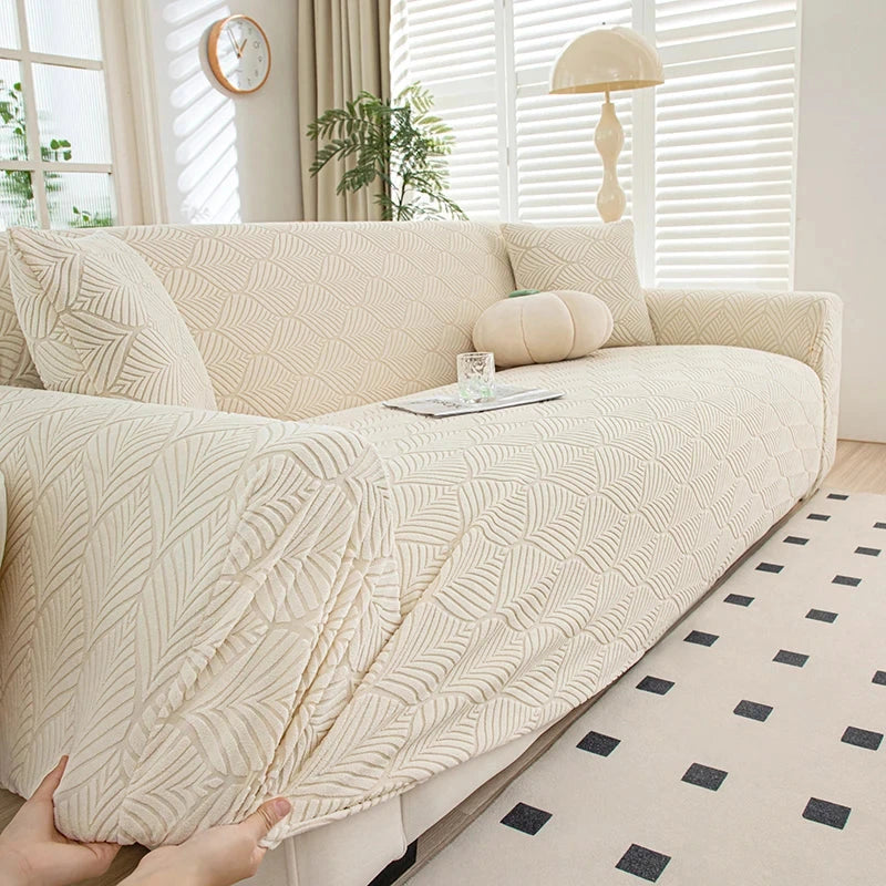 Housse extensible de protection pour canapé texture feuille d'éventail beige
