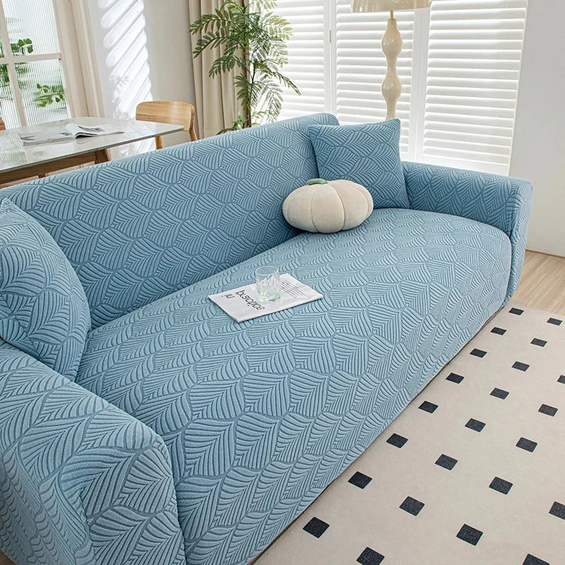 Housse extensible de protection pour canapé texture feuille d'éventail bleue