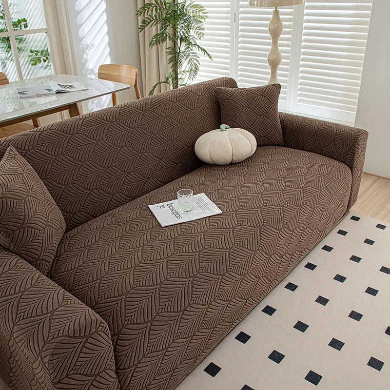 Housse extensible de protection pour canapé texture feuille d'éventail café