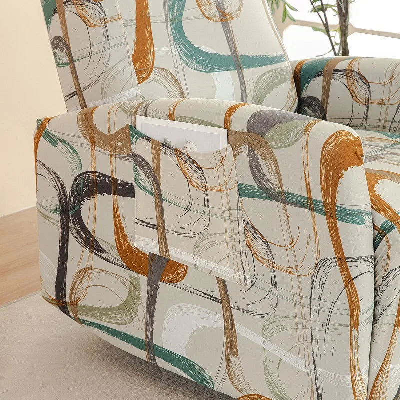 Housse fauteuil relax relevable électrique dossier long motif imprimé 4 poche