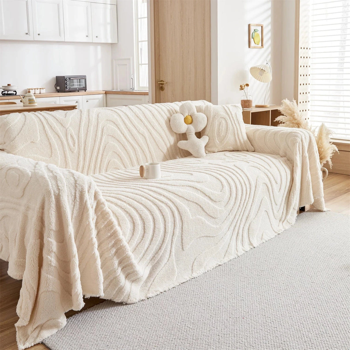 Plaid Jeté de canapé grande taille en polaire tuftée beige de profil