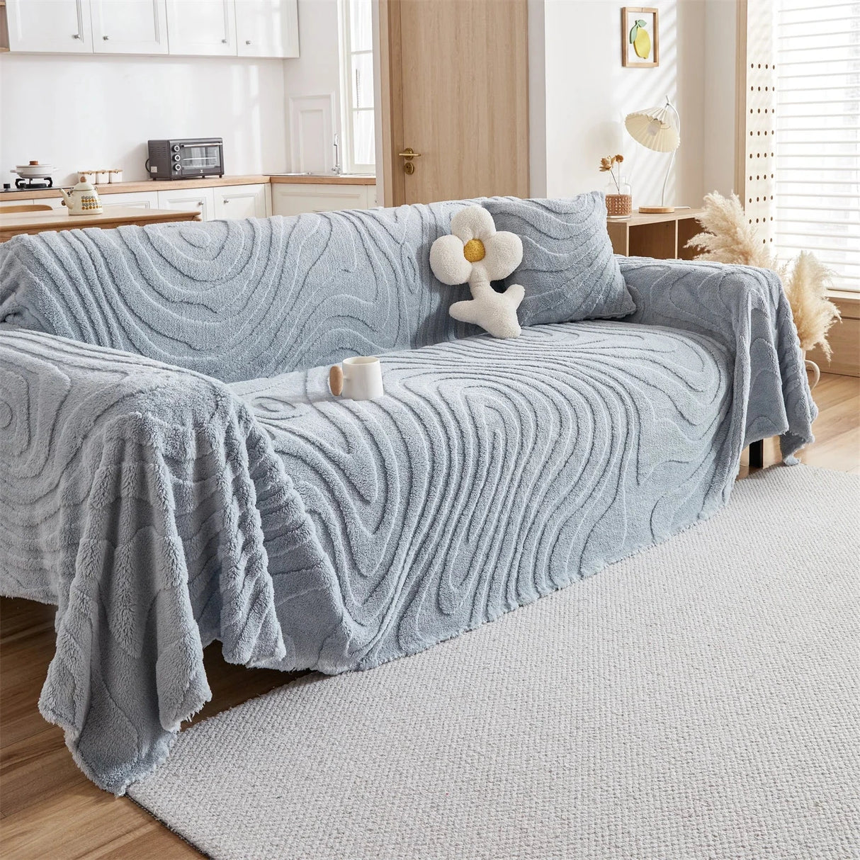 Plaid Jeté de canapé grande taille en polaire tuftée bleue ardoise