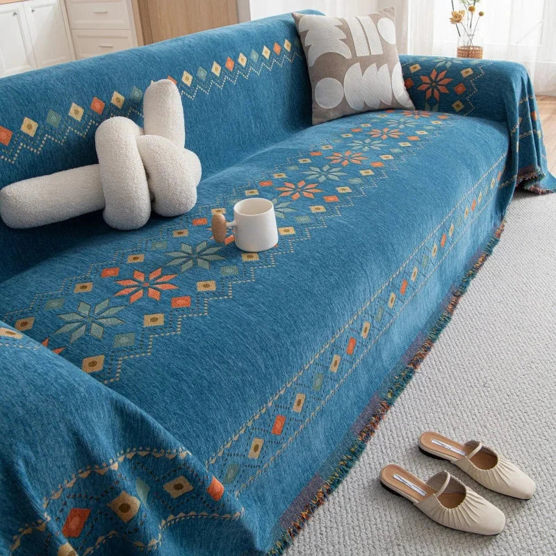 Plaid jeté de canapé grande taille bohème chenille renforcée bleue