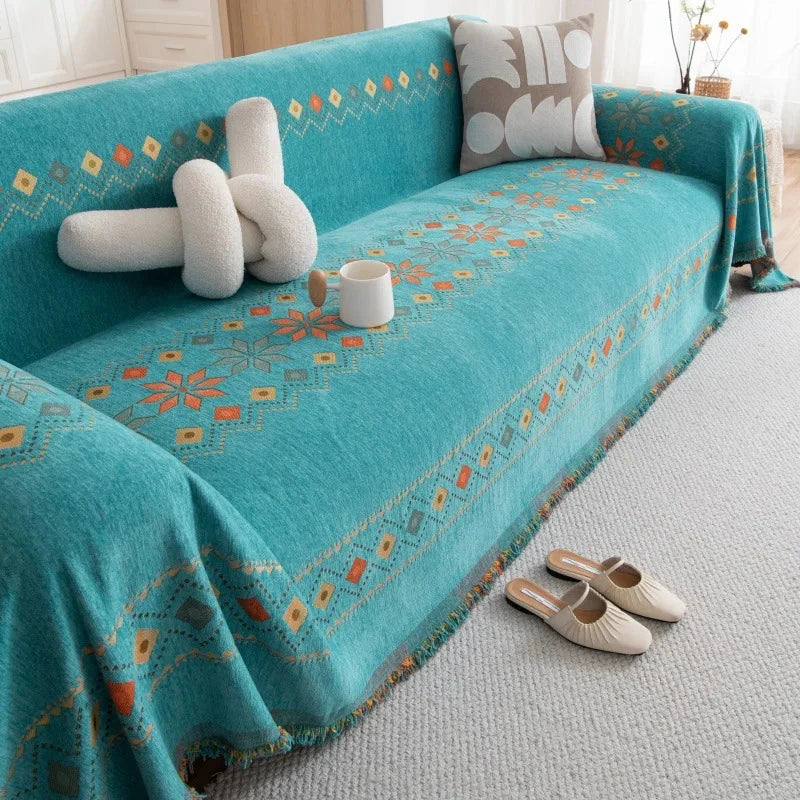 Plaid jeté de canapé grande taille bohème chenille renforcée bleue turquoise