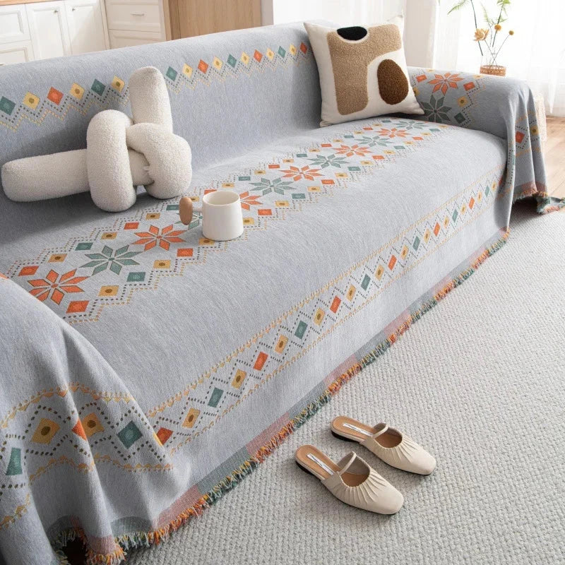 Plaid jeté de canapé grande taille bohème chenille renforcée gris
