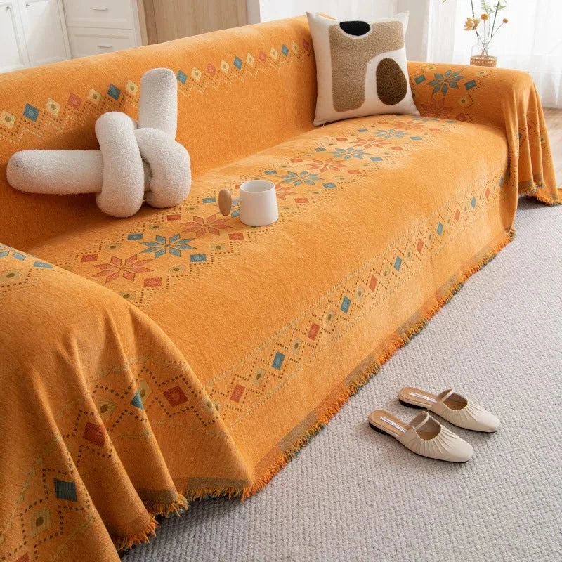 Plaid jeté de canapé grande taille bohème chenille renforcée orange