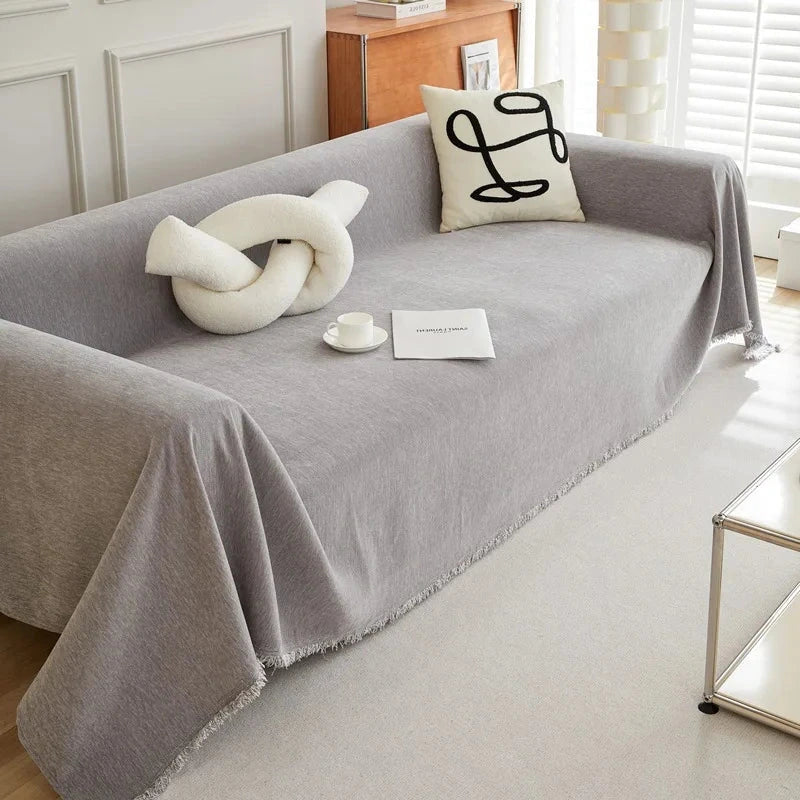 Plaid jeté de canapé grande taille chenille renforcée anti griffes de chat gris clair