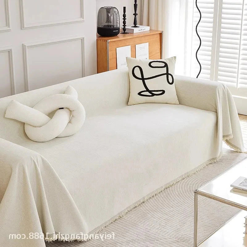 Plaid jeté de canapé grande taille chenille renforcée anti griffes de chat ivoire