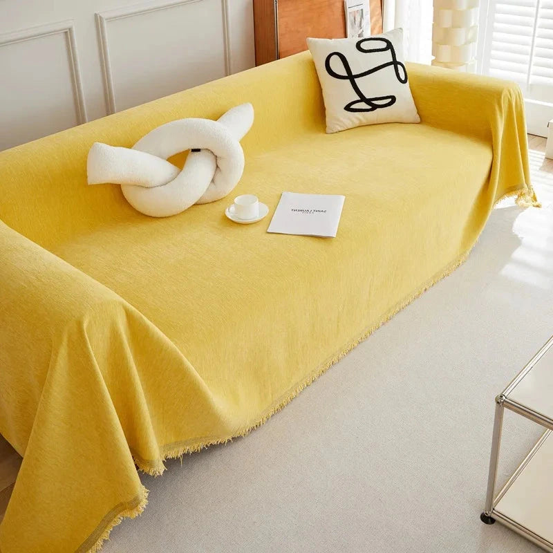 Plaid jeté de canapé grande taille chenille renforcée anti griffes de chat ocre