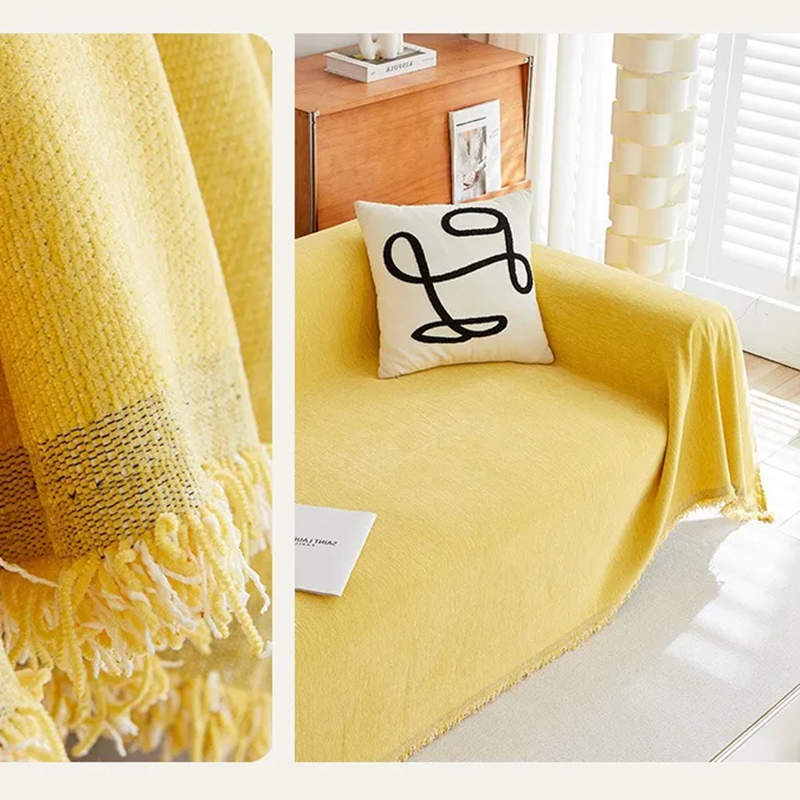 Plaid jeté de canapé grande taille chenille renforcée anti griffes de chat ocre zoom