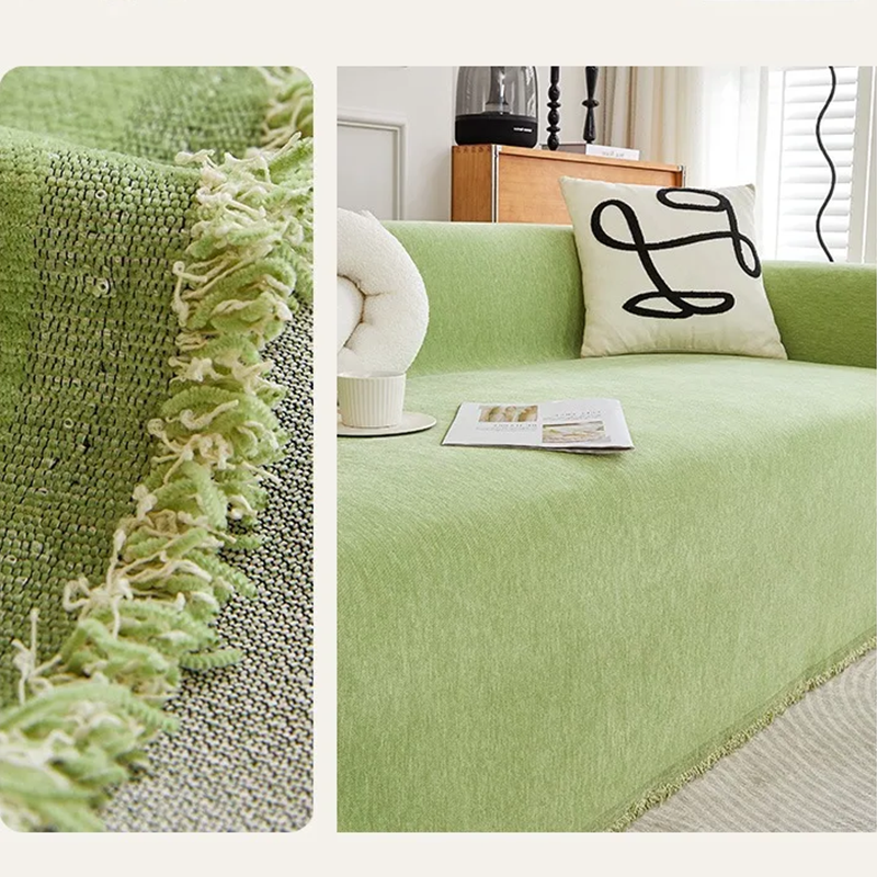 Plaid jeté de canapé grande taille chenille renforcée anti griffes de chat vert tendre zoom