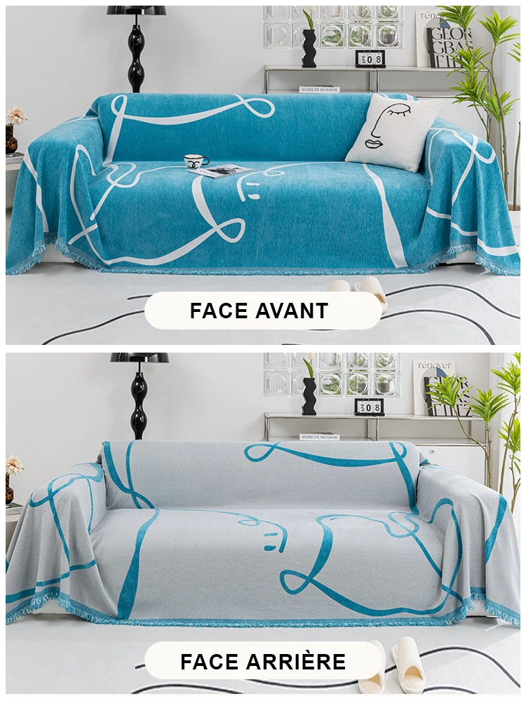 jété de canapé grande taille double face blanc bleue