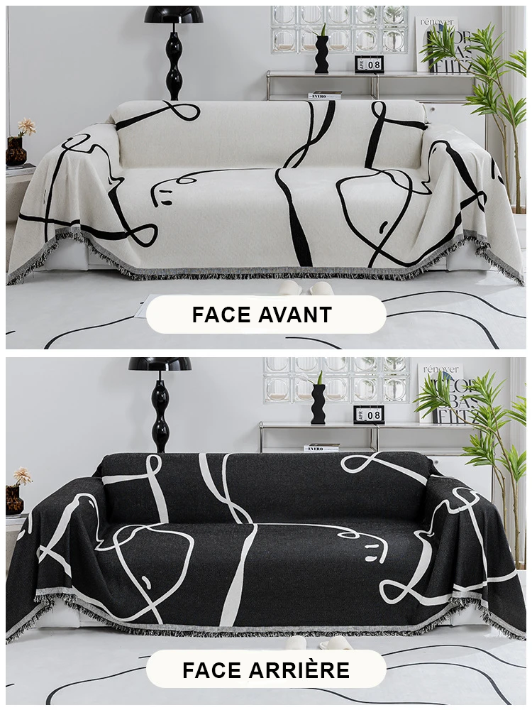 jété de canapé grande taille double face blanc noir