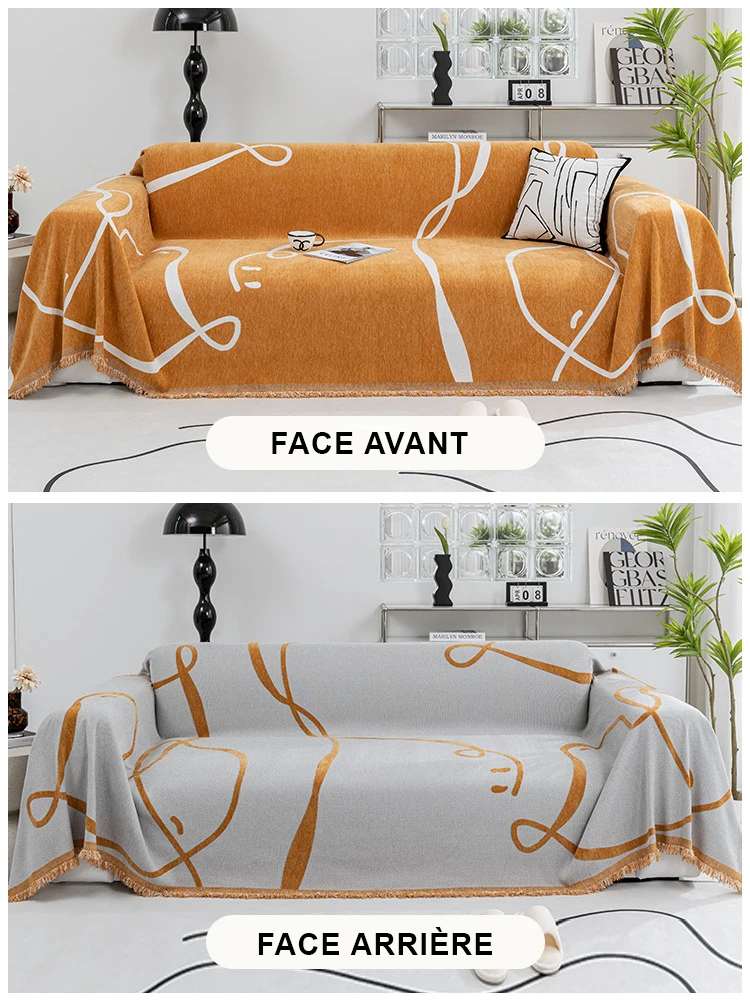 jété de canapé grande taille double face blanc orange