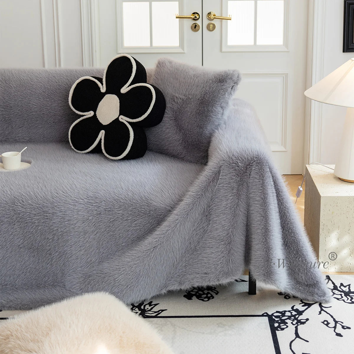 jeté de canapé luxe grande taille en fourrure gris