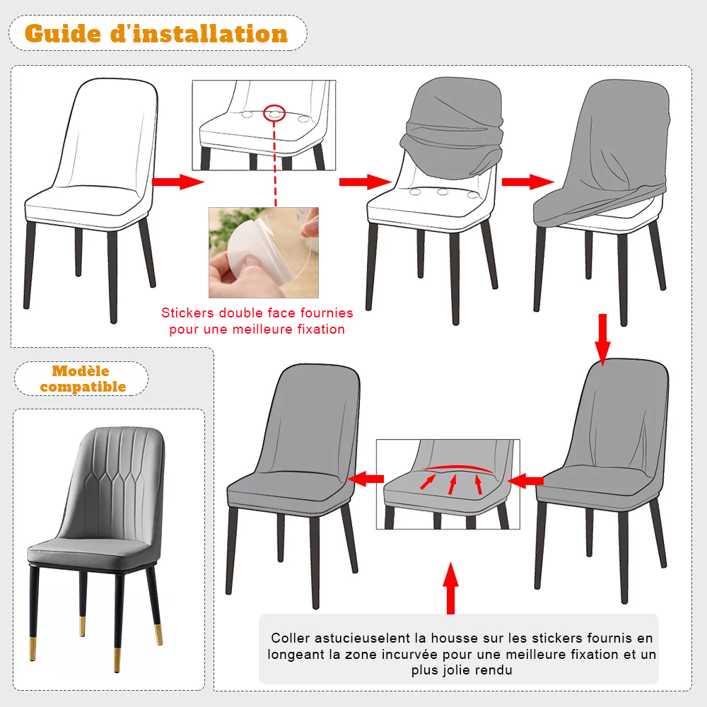 Guide installation des tailles housses de chaises incurvées