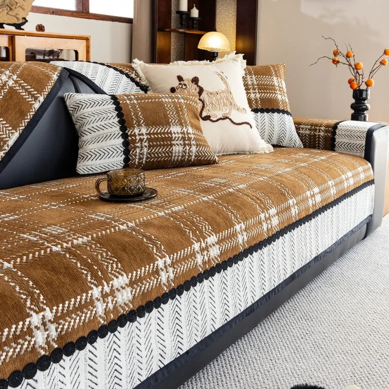 Housse canapé antidérapante anti griffes de chat carreaux écossais café