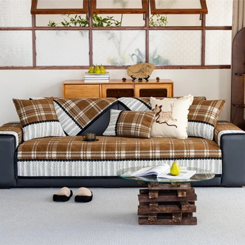 Housse canapé antidérapante anti griffes de chat carreaux écossais café de face