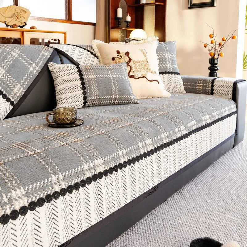 Housse canapé antidérapante anti griffes de chat carreaux écossais gris clair